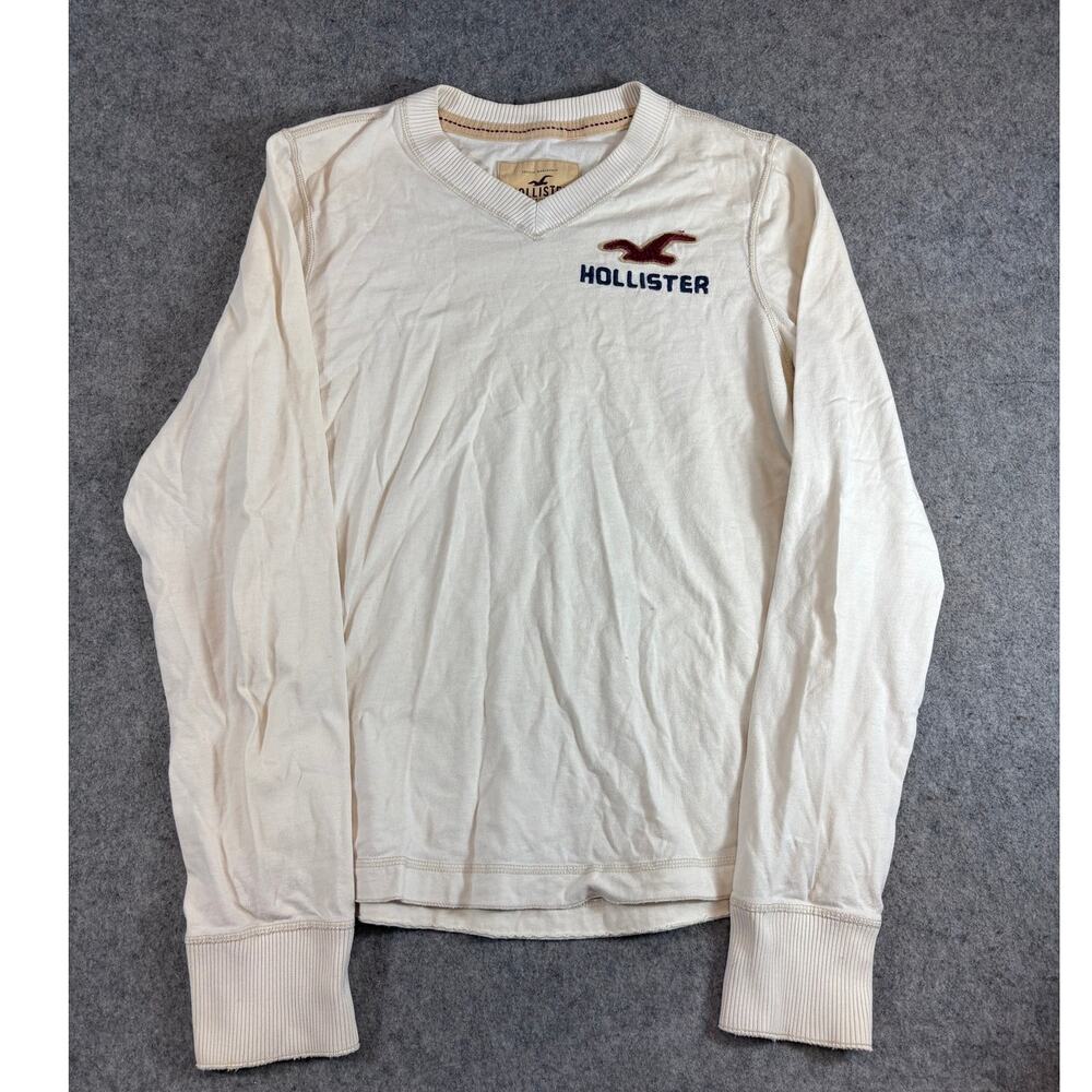 Hollister California Shirt Mens White Spellout Long Sleeve Vneck Tee Y2K Large